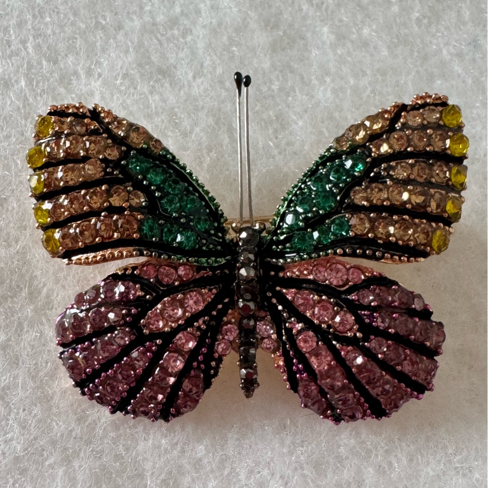 Vintage Pink Green Pave Rhinestone Crystal Butterfly Brooch Pin